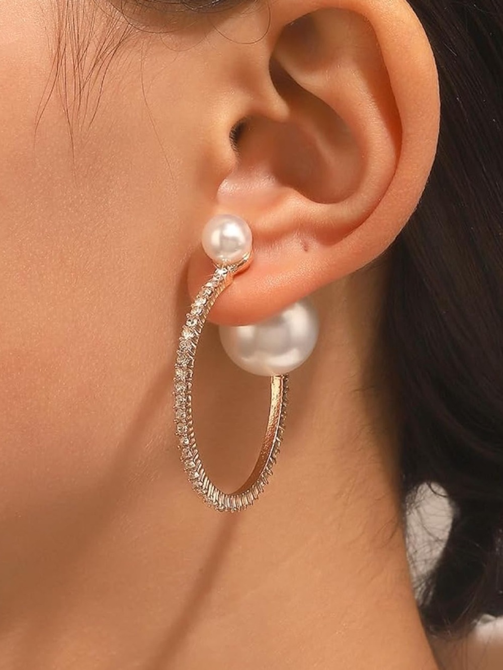 Anthropologie Gold Crystal Hoop Earrings with White Pearls